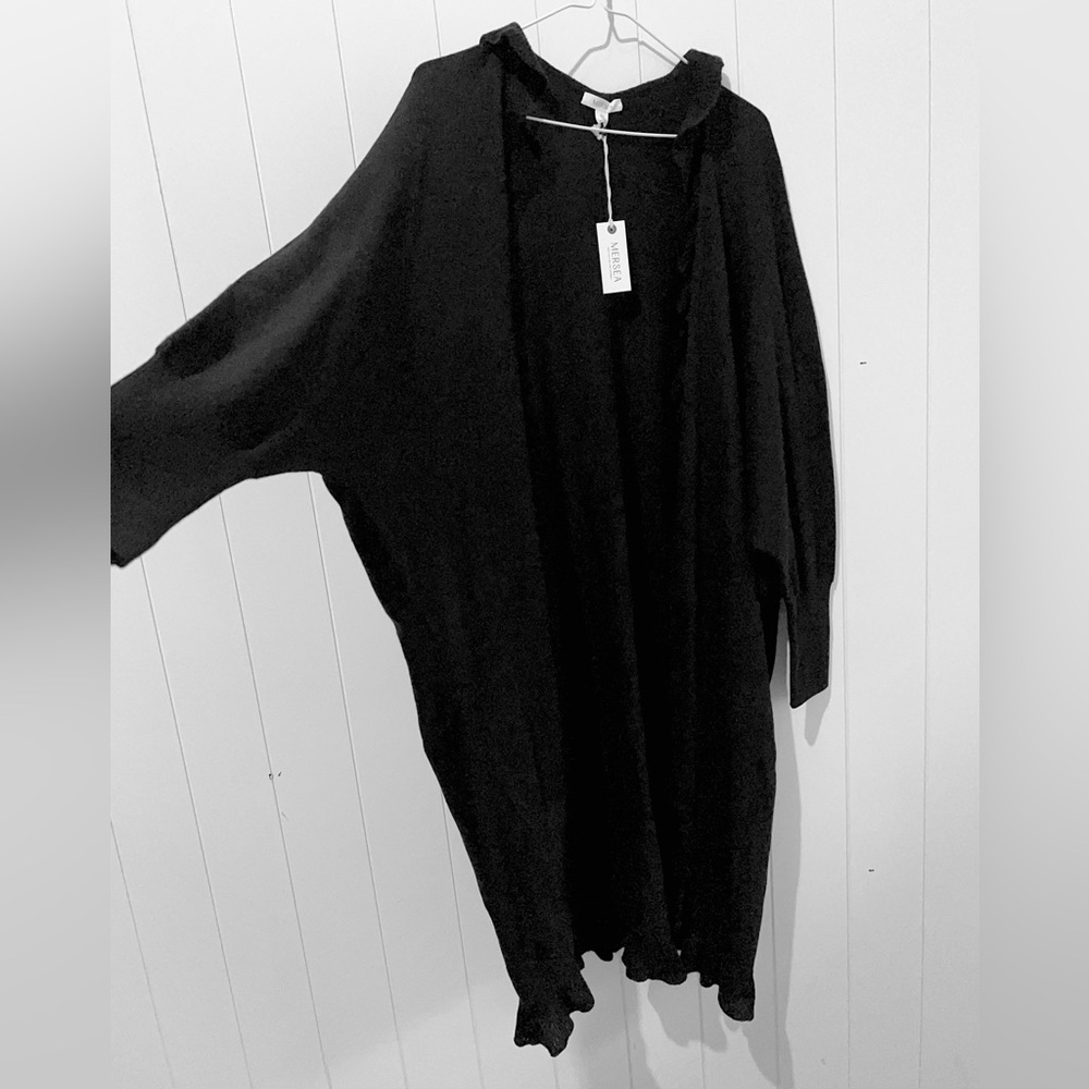Mersea NWT Chelsea Ruffle  Kimono Cardigan Cashmere Blend dolman sleeve OS black